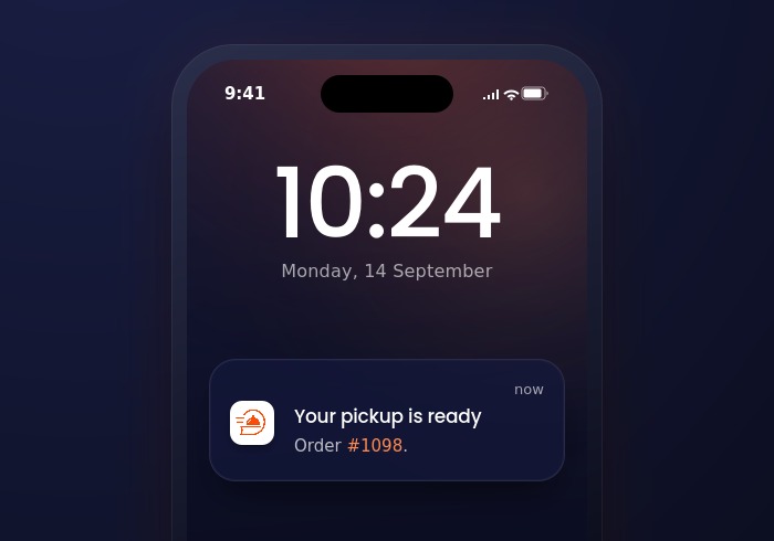Phone lock screen showing a Skiip notification: Your pickup is ready, Order #1098